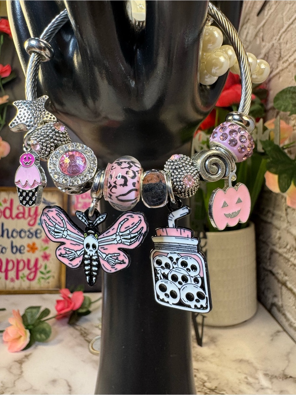 Pink Halloween Charm Bracelet for Women - Skull & Bug Dangles